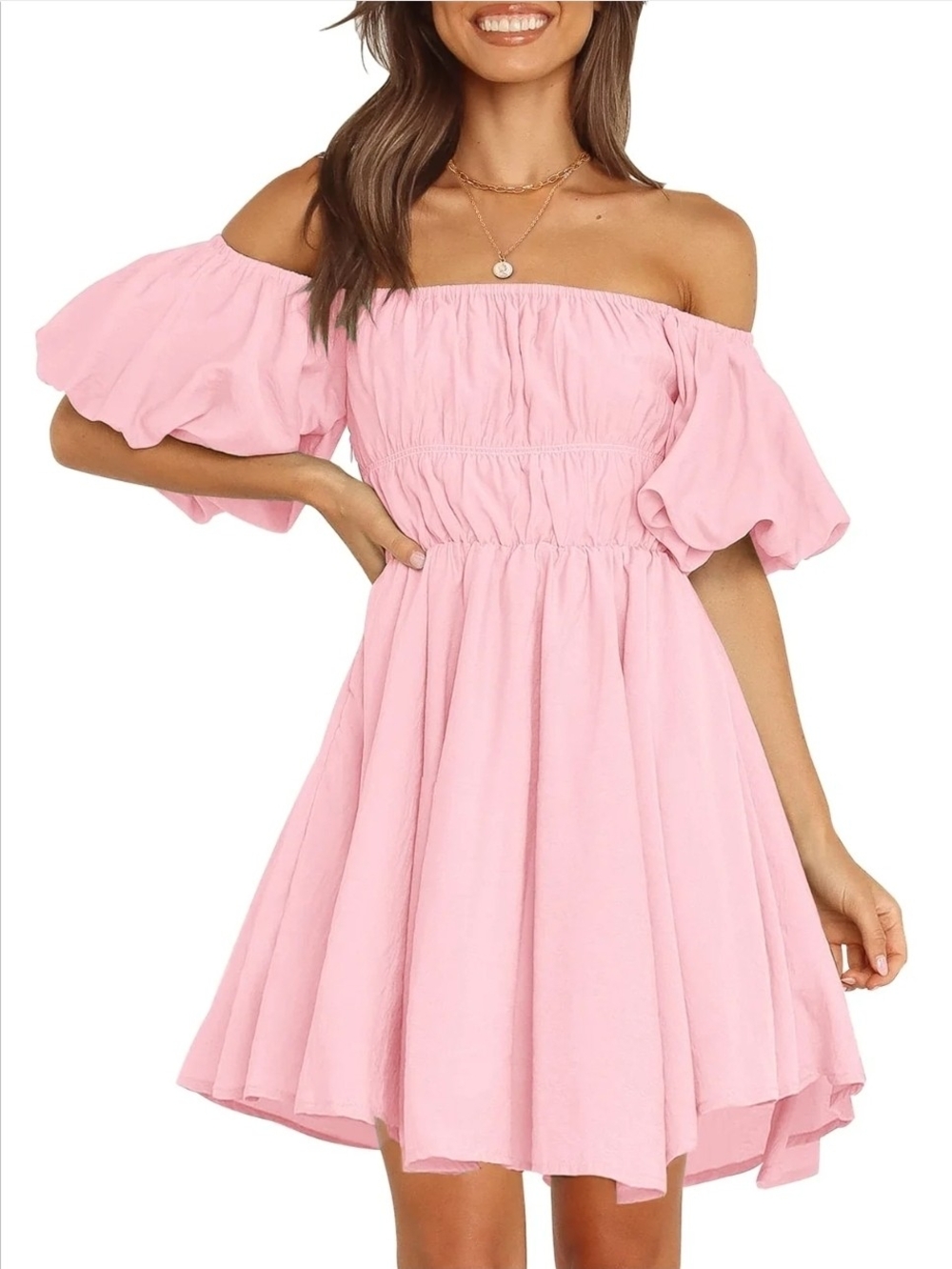Off-Shoulder Pink Puff Sleeve Dress